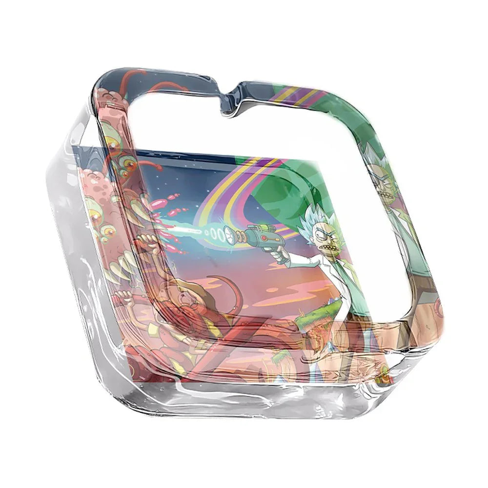 Clear glass ashtray featuring Rick and Morty cartoon shooting alien with colorful cosmic background