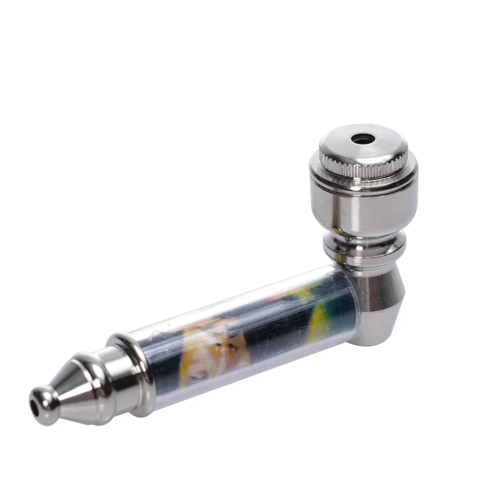 Metal and transparent glass smoking pipe with image inside on white background