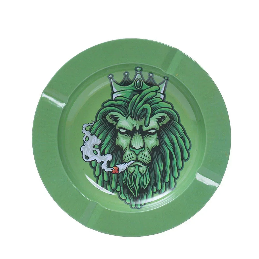 Green ashtray with a crowned lion smoking a lit joint and emitting smoke