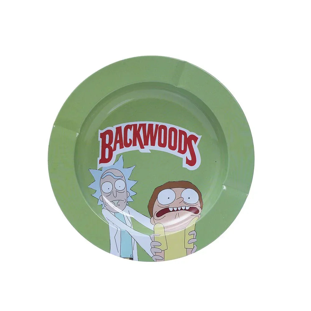 green Backwoods ashtray featuring cartoon characters Rick and Morty holding each other