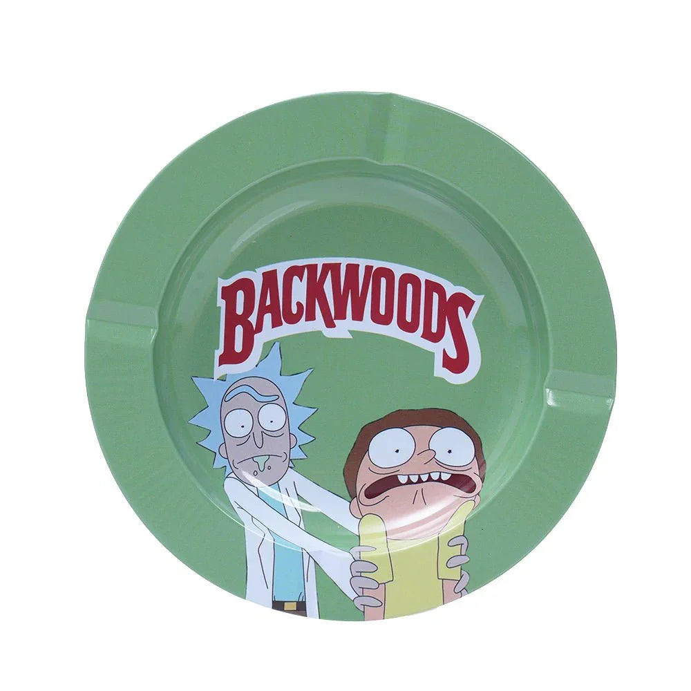 Green Backwoods ashtray featuring cartoon characters Rick and Morty in playful design