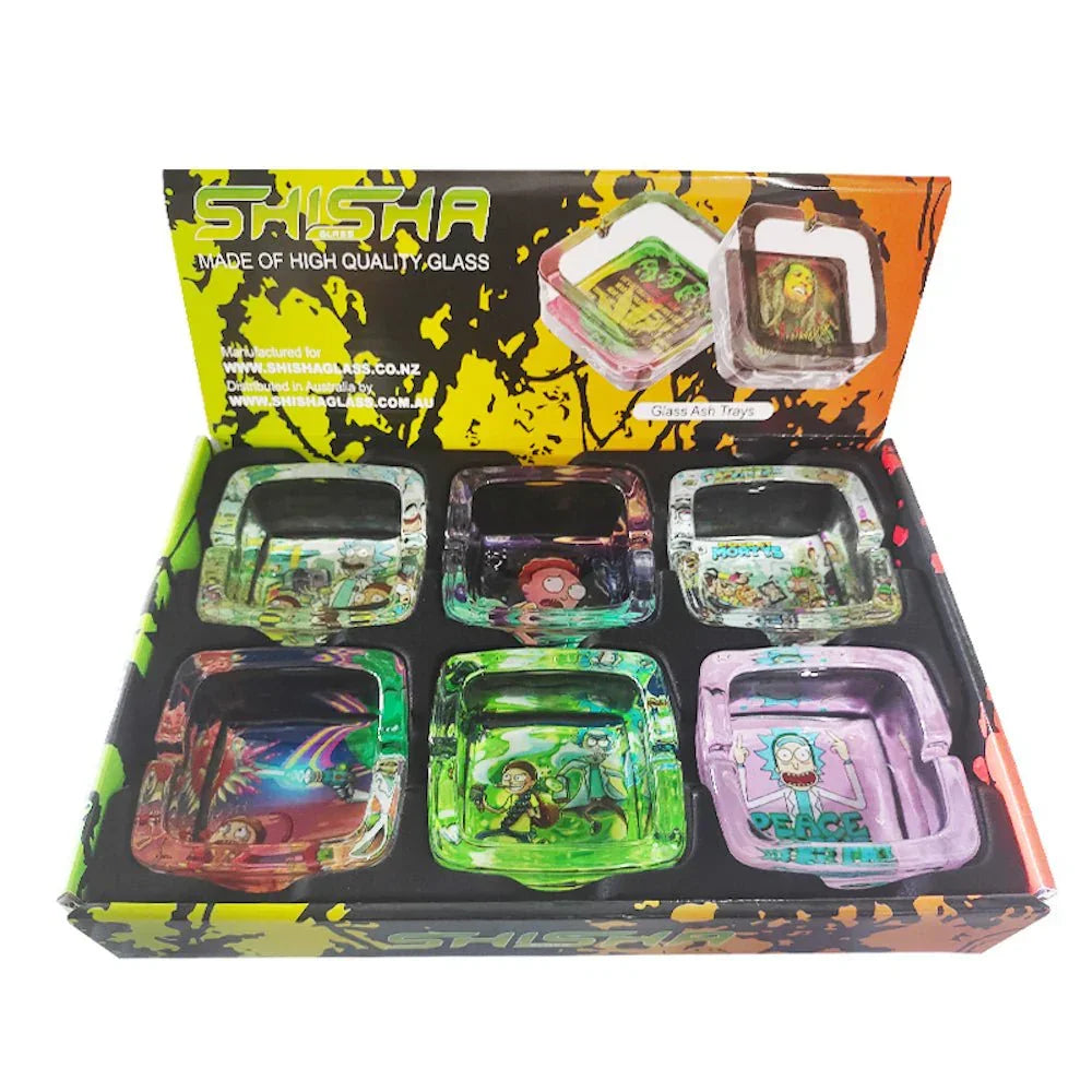 Set of six colorful glass ashtrays featuring Rick and Morty cartoon designs in black and yellow display box