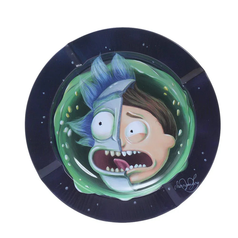 Round ashtray with half robotic, half worried cartoon face in green slime on black background