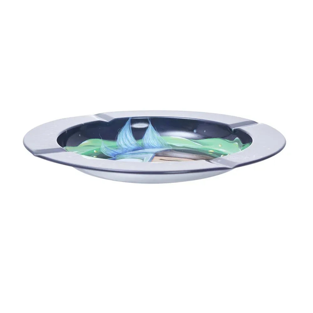 Round metal ashtray with colorful fantasy art featuring blue and green tones