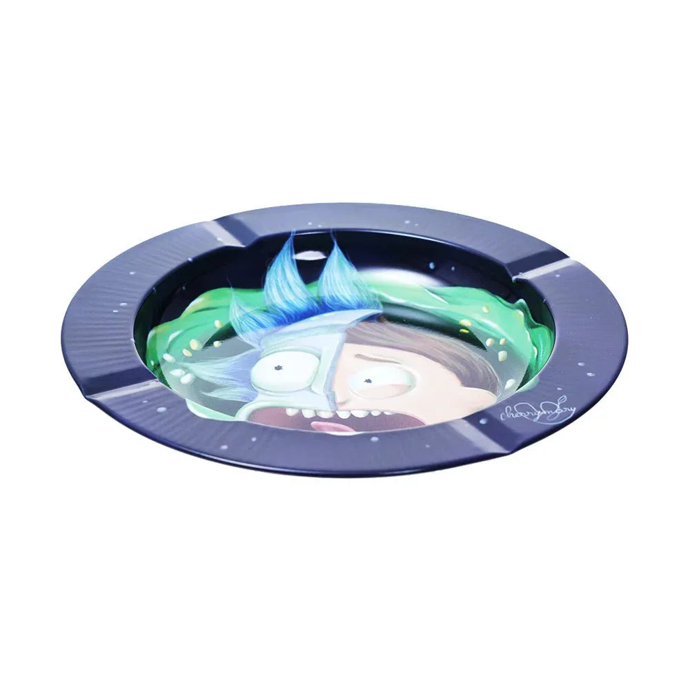 Black ashtray featuring colorful Rick and Morty character illustration with blue hair and shocked expression