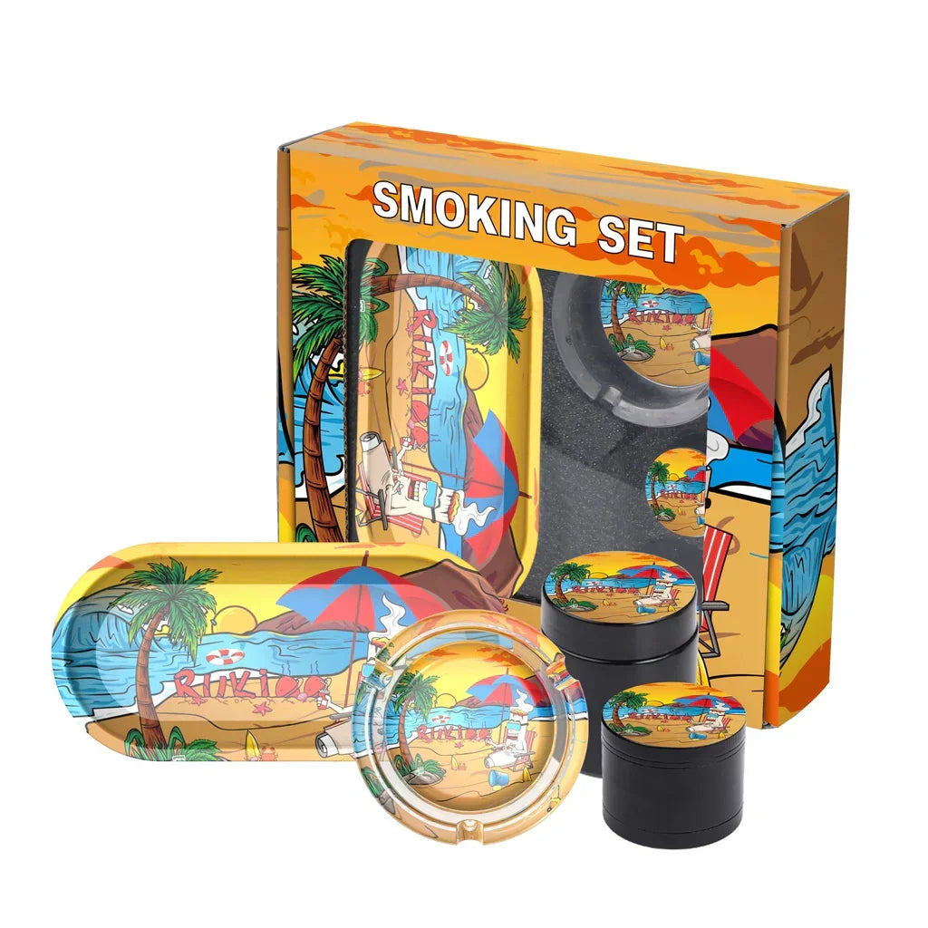 Smoking set with tropical beach design including trays, ashtray, and grinders with palm trees and sunset