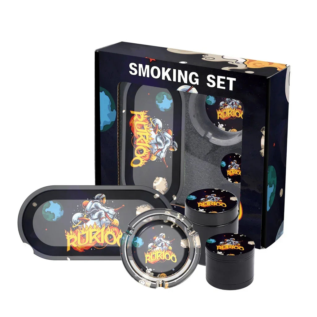 Rukioo branded smoking set with rolling trays, grinder, and ashtray featuring astronaut space design