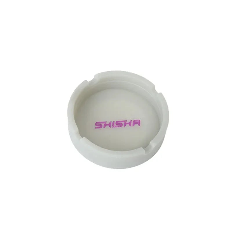 White round ashtray with purple SHISHA logo and cigarette rests on a white background