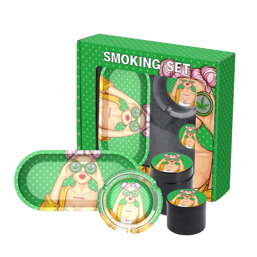 Green smoking set with ashtray, tray, and grinder featuring woman with pink hair and cannabis glasses