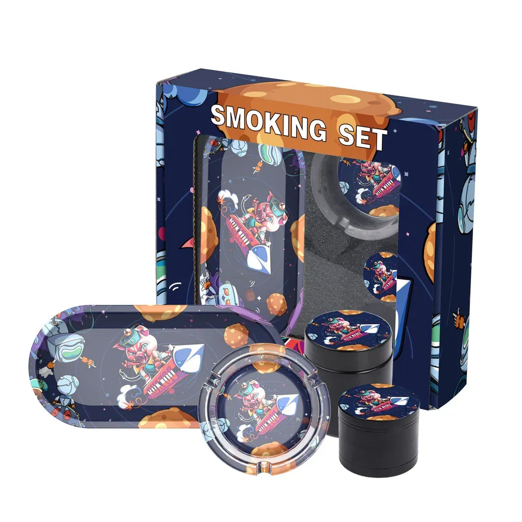 Colorful smoking set with space-themed design featuring astronaut and planets, includes ashtray and grinder
