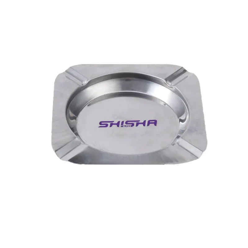 Rectangular silver metal ashtray with the word SHISHA printed in purple