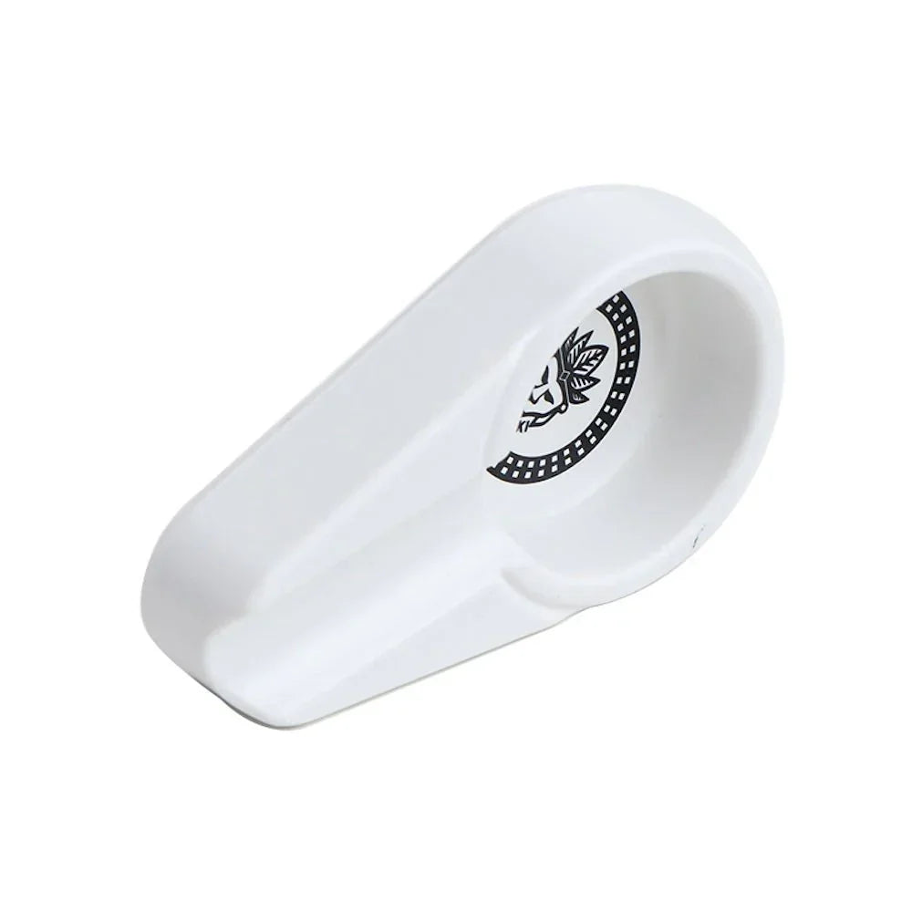 white ceramic cigar ashtray with black logo and a slot for resting cigars