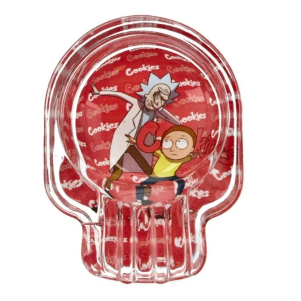 Clear glass ashtray with red background featuring animated characters Rick and Morty and repeated Cookies logo