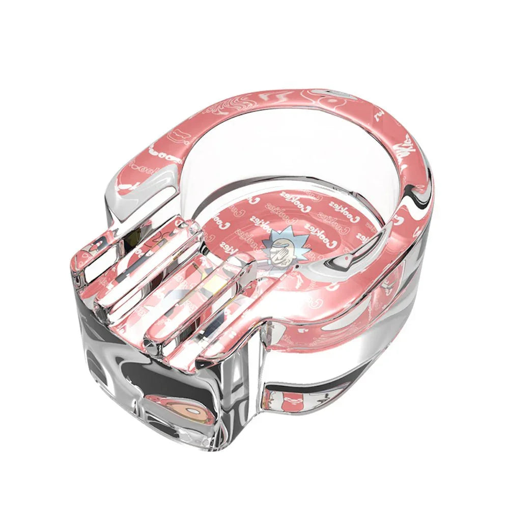 Clear glass ashtray with pink reflective surface and Rick and Morty design detail