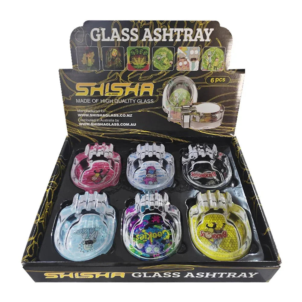 Set of six colorful glass ashtrays with cartoon and brand designs in black display box
