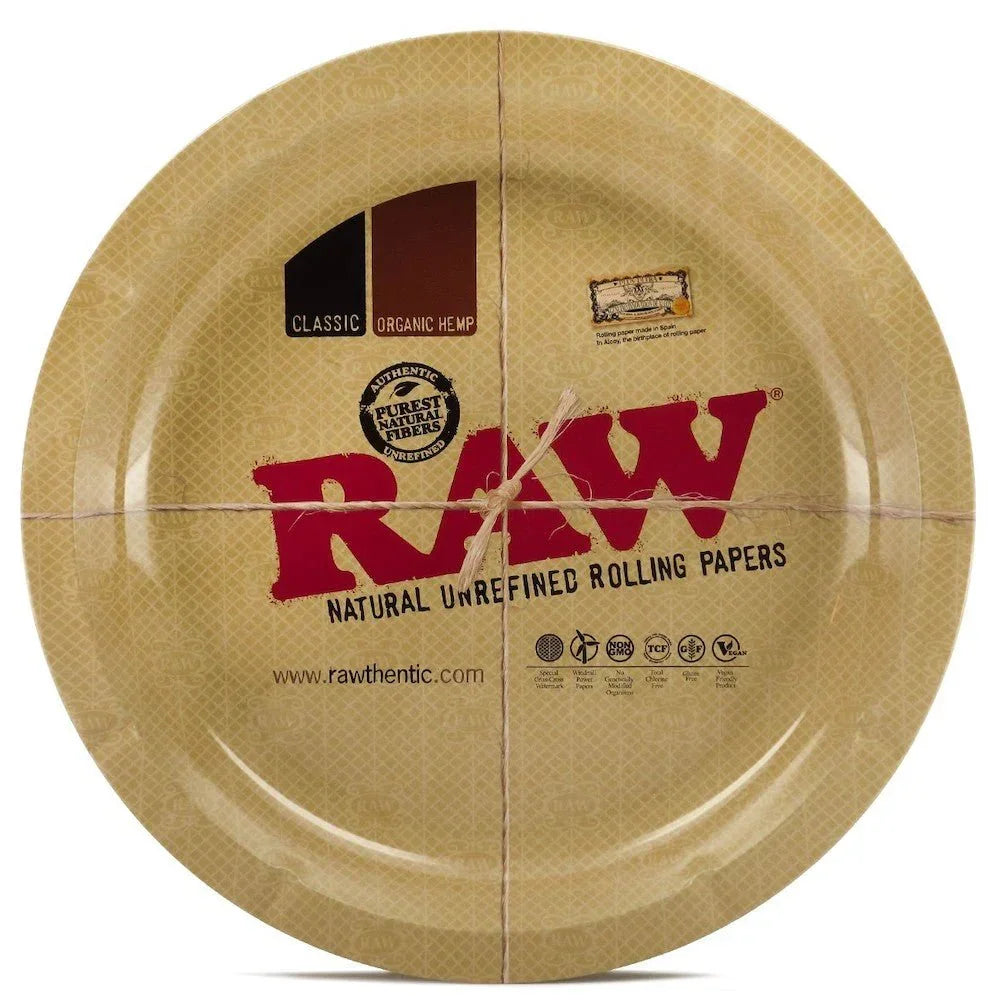Round RAW ashtray with natural unrefined rolling paper branding and rustic twine detail