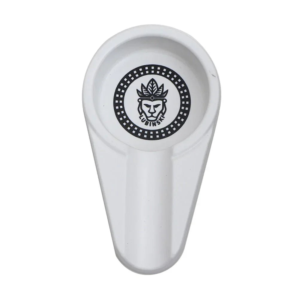 White ceramic ashtray with Lubinski lion logo and feather crown in black design