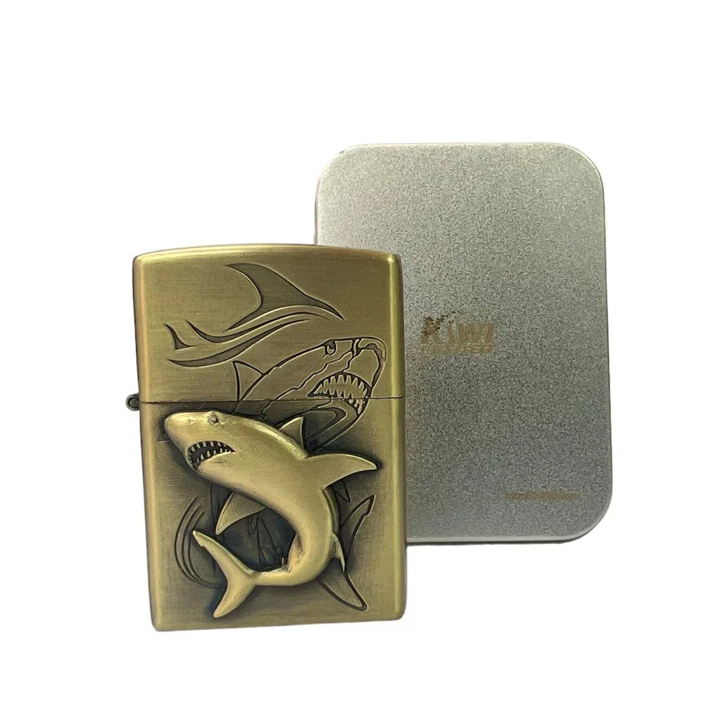 bronze shark-themed metal lighter with raised 3D shark design and shark engraving