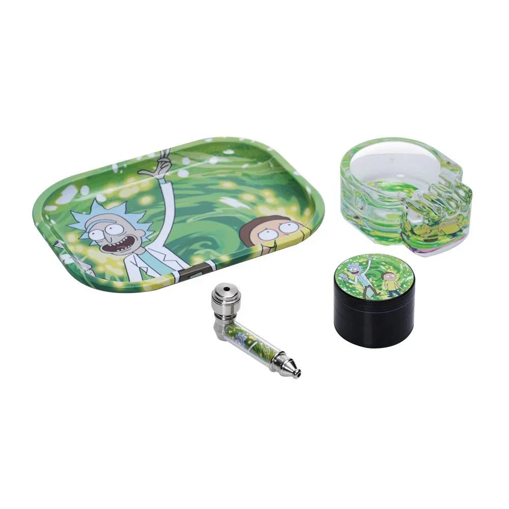 Rick and Morty smoking set with rolling tray, glass pipe, grinder, and skull ashtray