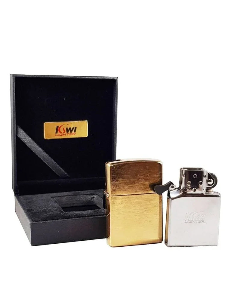 Gold and silver Kiwi brand flint lighters with black presentation box