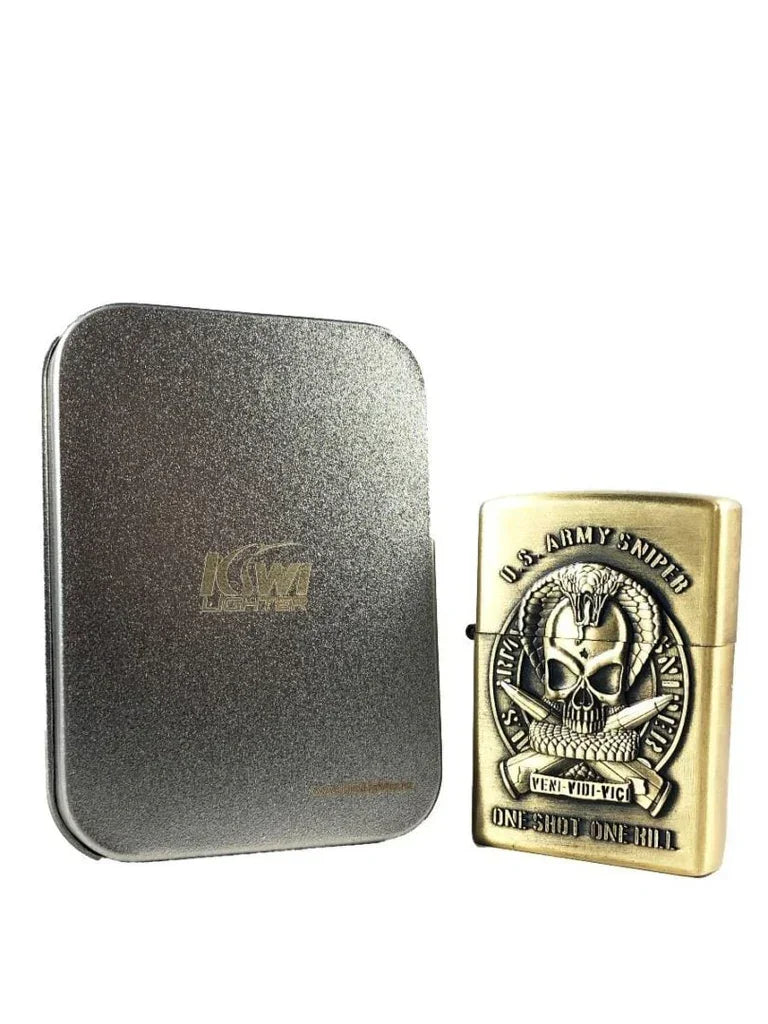 Brass U.S. Army Sniper engraved lighter with skull and snake design next to metallic KWM lighter case