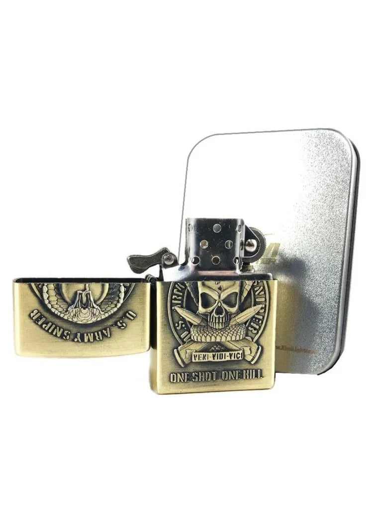 Brass U.S. Army sniper lighter with skull design and inscriptions One Shot One Kill and Veni Vidi Vici