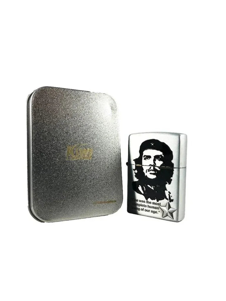 Silver metal lighter with Che Guevara's face and quote, next to a silver glittery metal box