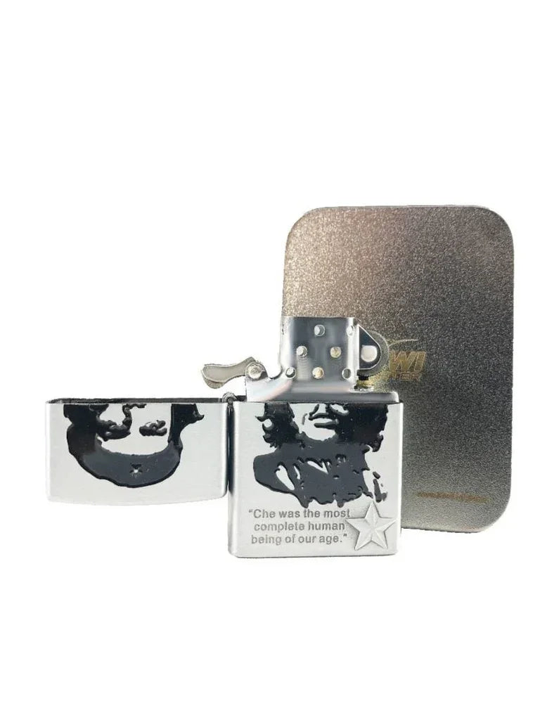 Silver metal lighter with black stencil art of Che Guevara and quote on white background