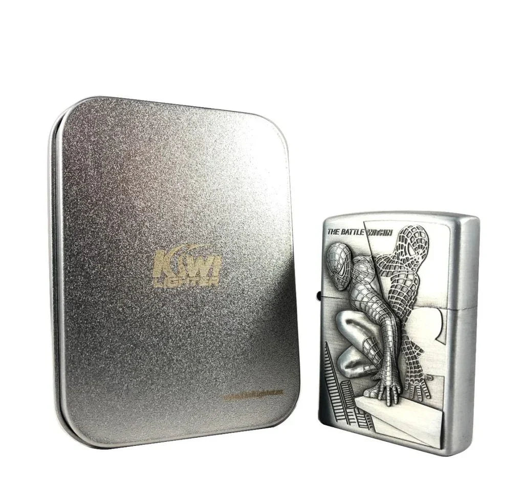 silver metal lighter with Spider-Man engraving and matching silver storage tin box