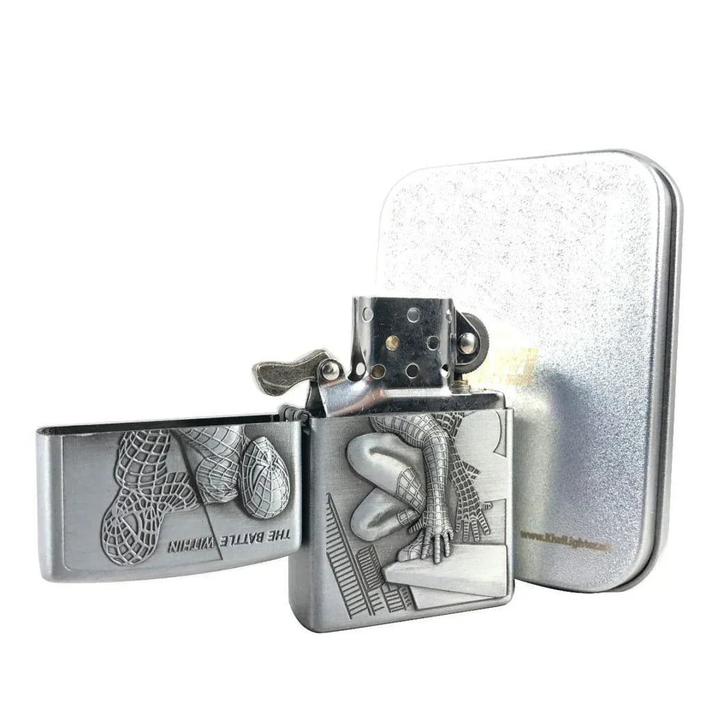 Silver metal Zippo lighter with engraved Spiderman design and The Battle Within text, open with lid raised