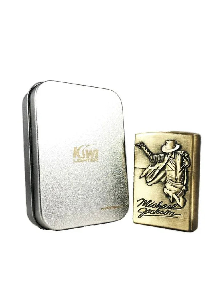 Gold Michael Jackson engraved metal lighter with silver KSW lighter case on white background