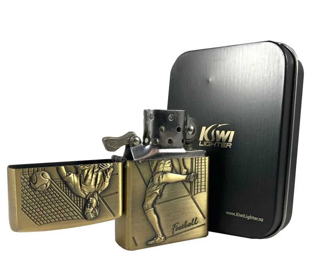 Brass Flint lighter with 3D embossed soccer player and goal net, Kiwi Lighter black metal box