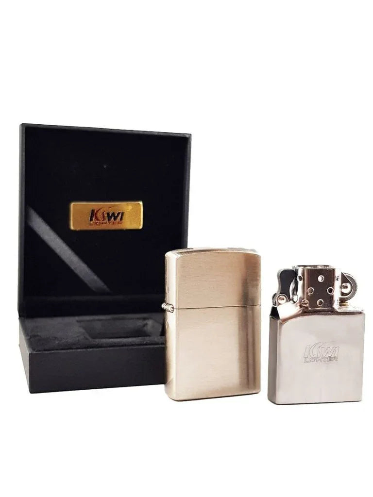 Brushed metal KSWI classic flip-top lighter with open lid and black display box