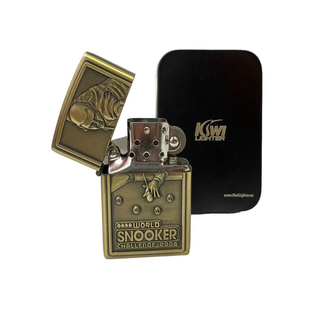 Brass World Snooker Challenge 2008 lighter with embossed snooker player and balls, black Kiwi Lighter tin