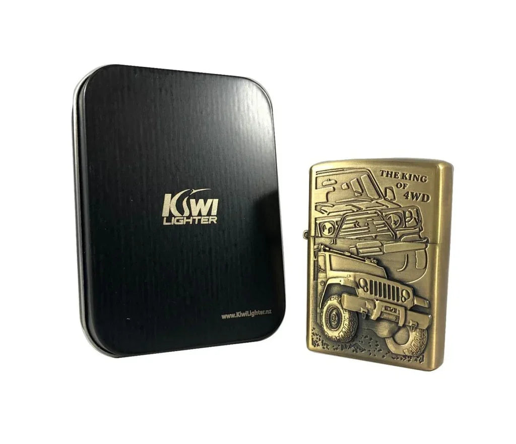 Antique brass 4WD Jeep embossed lighter with black Kiwi Lighter tin box