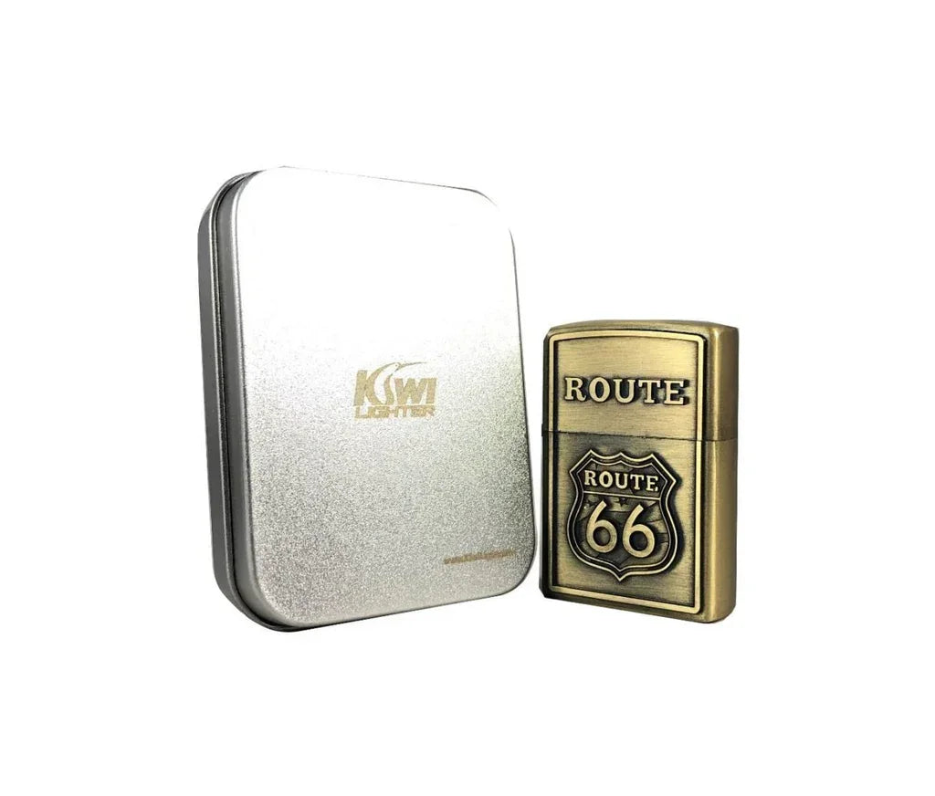 Vintage brass Route 66 engraved lighter next to silver KSWLighters metal case on white background