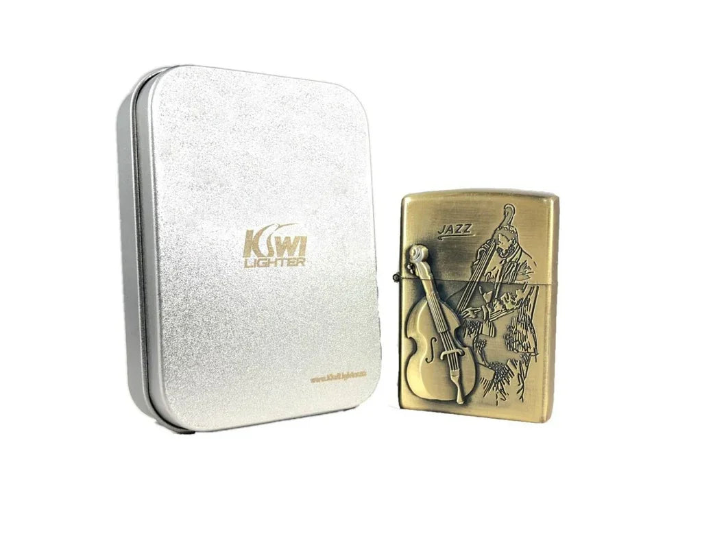 Brass-colored jazz-themed metal lighter with engraved double bass player and silver KSWI Lighter metal box