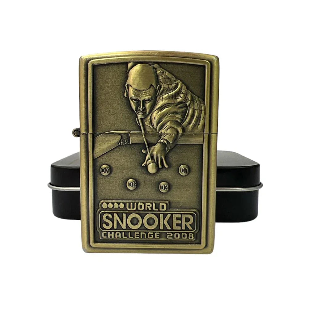 Antique brass lighter with embossed snooker player and balls, World Snooker Challenge 2008 design