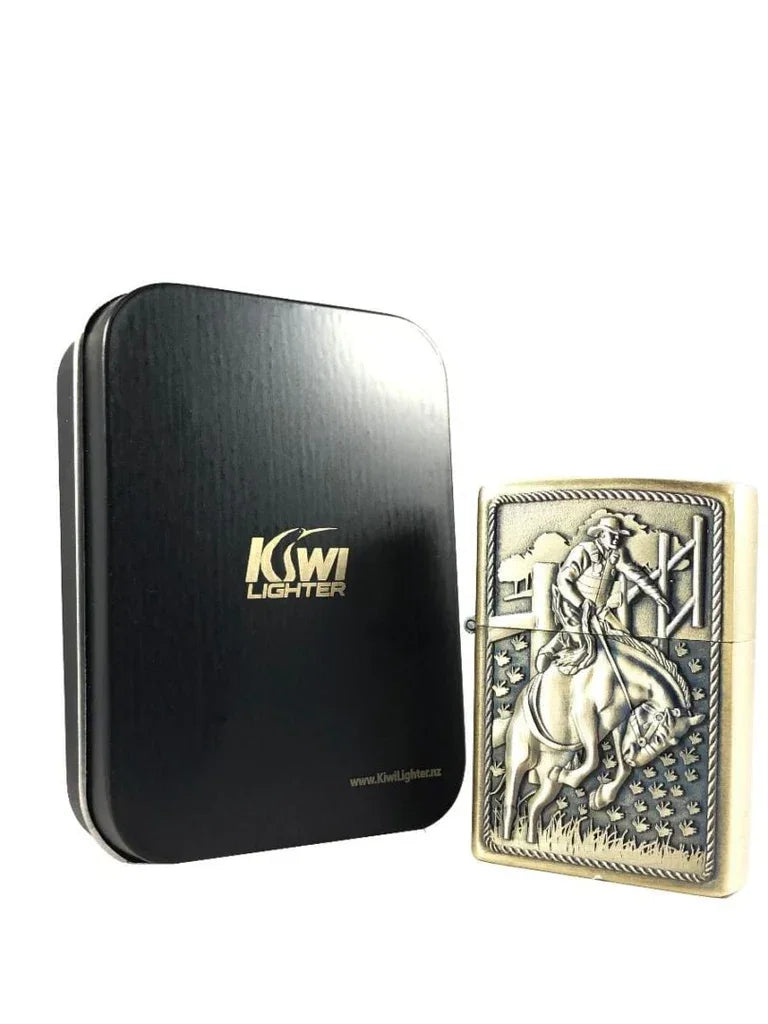 Silver cowboy rider engraved lighter with black Kiwi Lighter metal storage tin