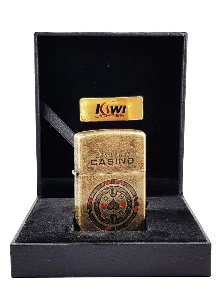 vintage brass Las Vegas casino lighter with poker chip design in black gift box