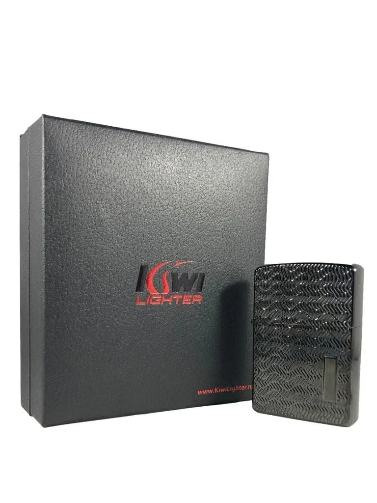 Black textured Kiwi lighter next to black box with red and black Kiwi Lighter logo