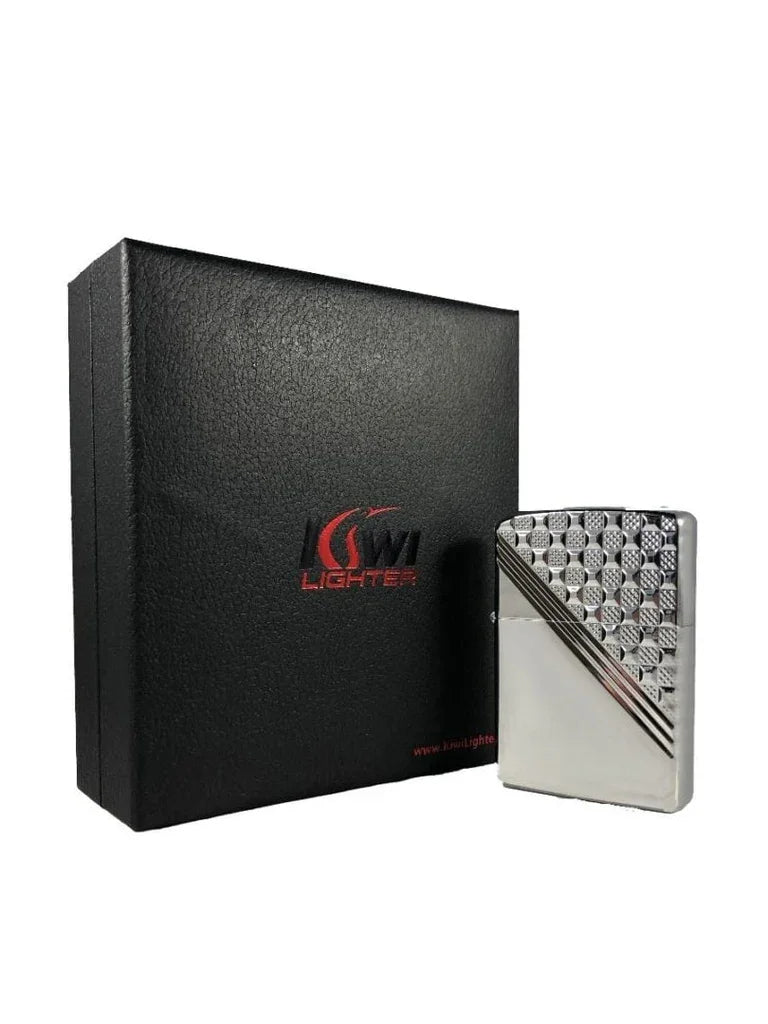 Silver metal lighter with checkered pattern next to black textured box with KW Lighter logo