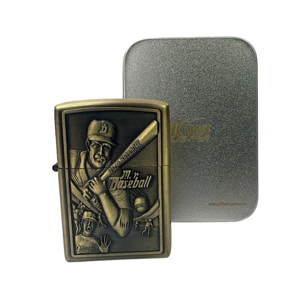 Antique brass baseball-themed lighter featuring Tom Selleck engraving with a silver metal tin