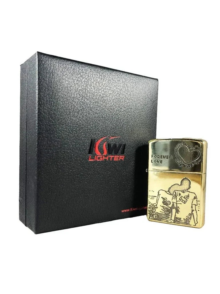 Gold Kiwi lighter with romantic engraved couple and heart, next to black Kiwi Lighter gift box