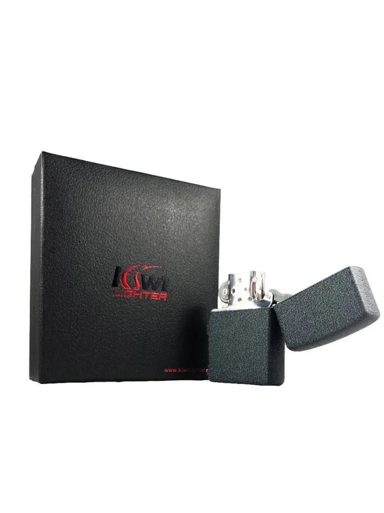 Black textured metal flip-top lighter next to a matching black box with red logo