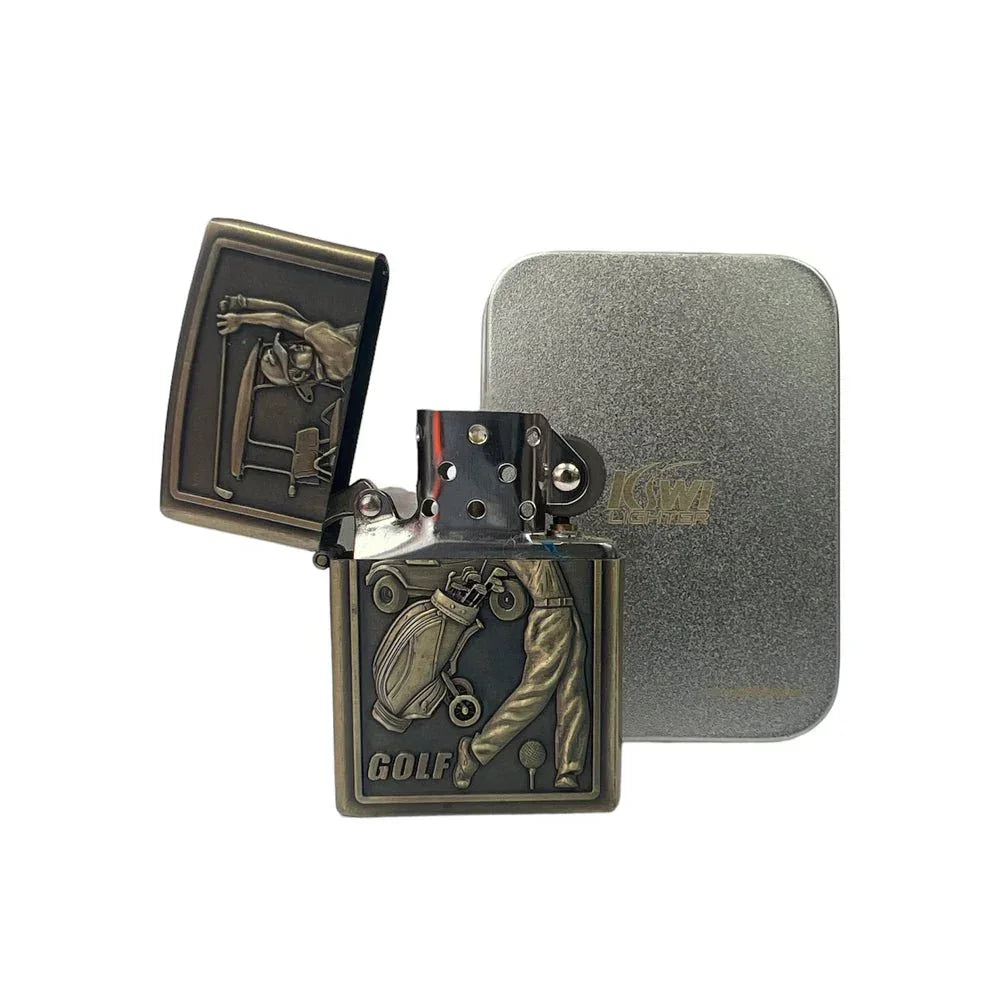 Antique brass golf-themed flint lighter with golfer and golf bag design, displayed with metal storage tin