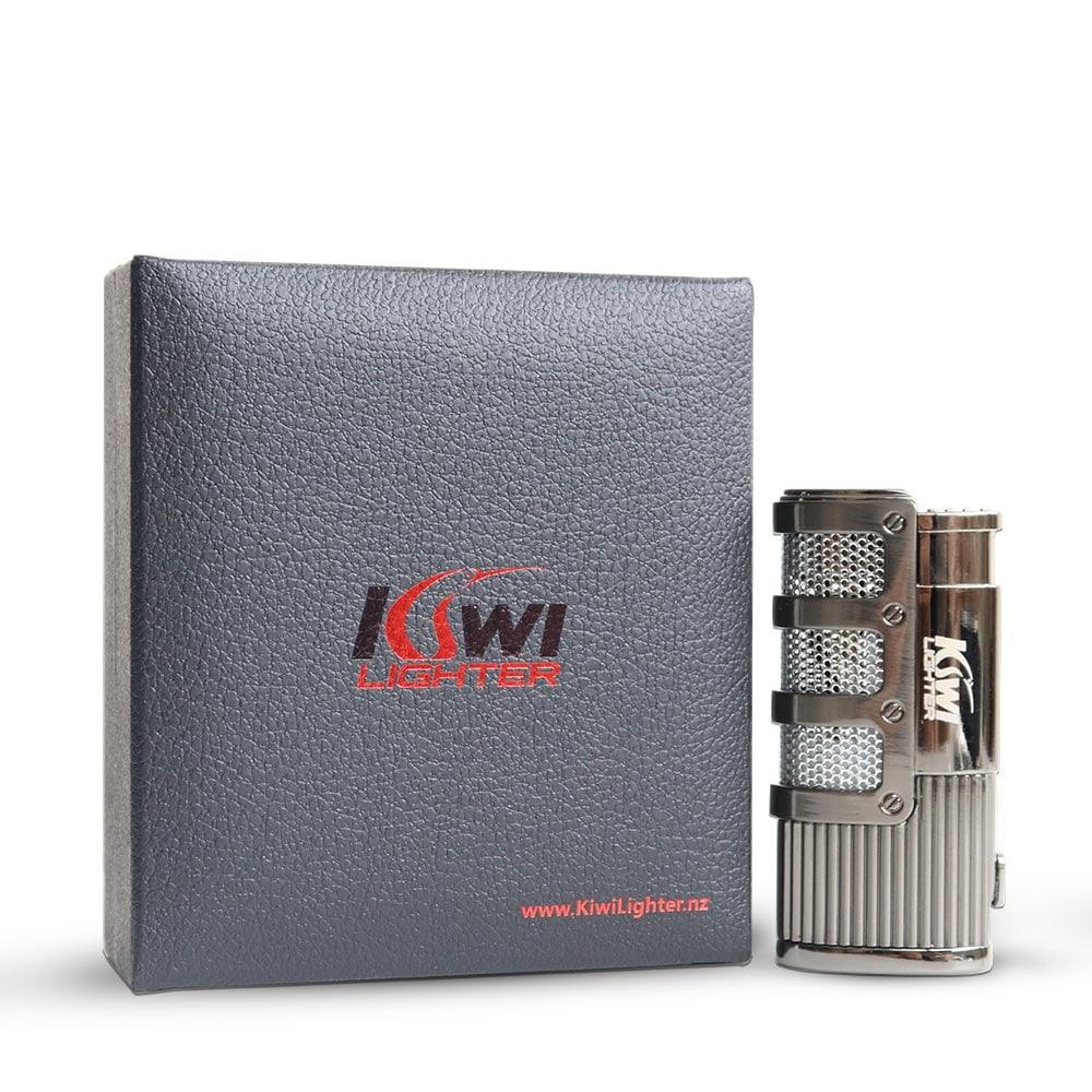 Kiwi Lighter metallic gas lighter next to textured black Kiwi Lighter gift box