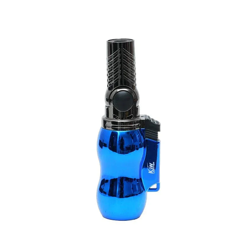 Blue metallic jet torch lighter with black ignition button and textured nozzle
