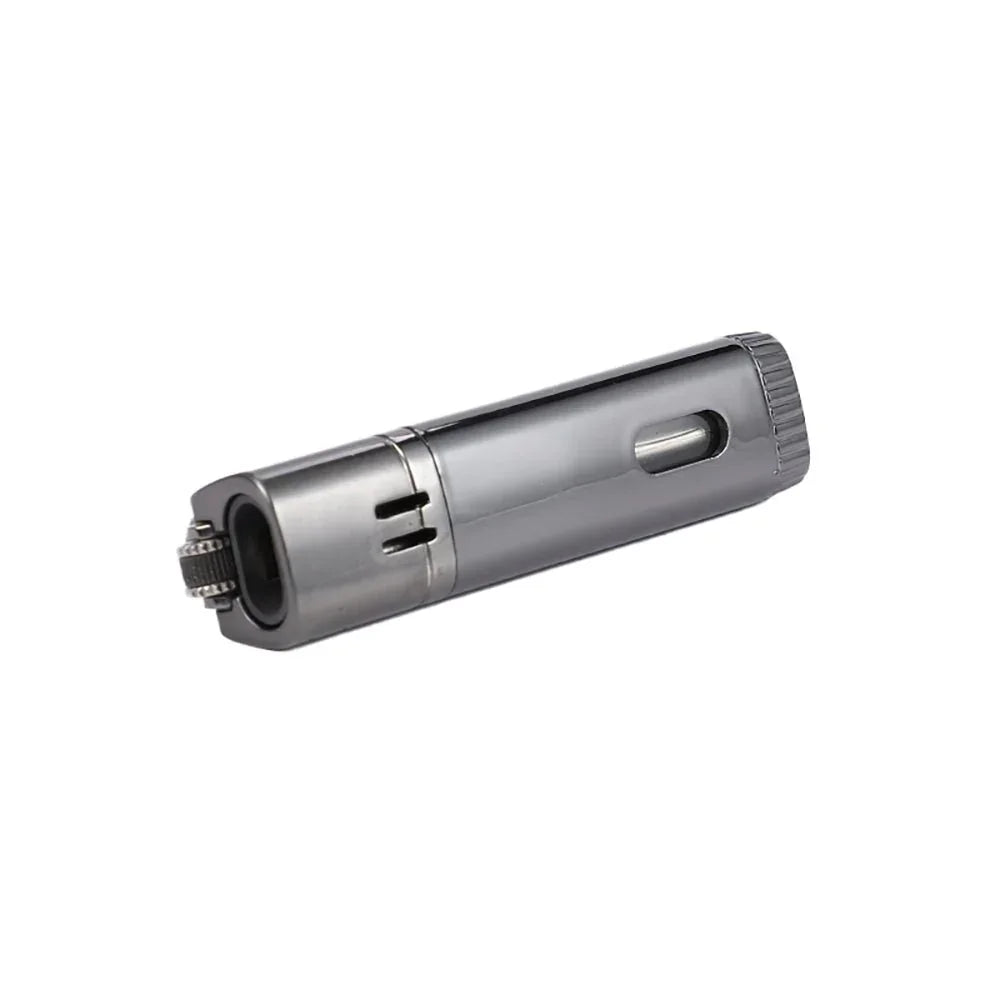 Sleek silver jet lighter with ignition wheel and fuel window isolated on white