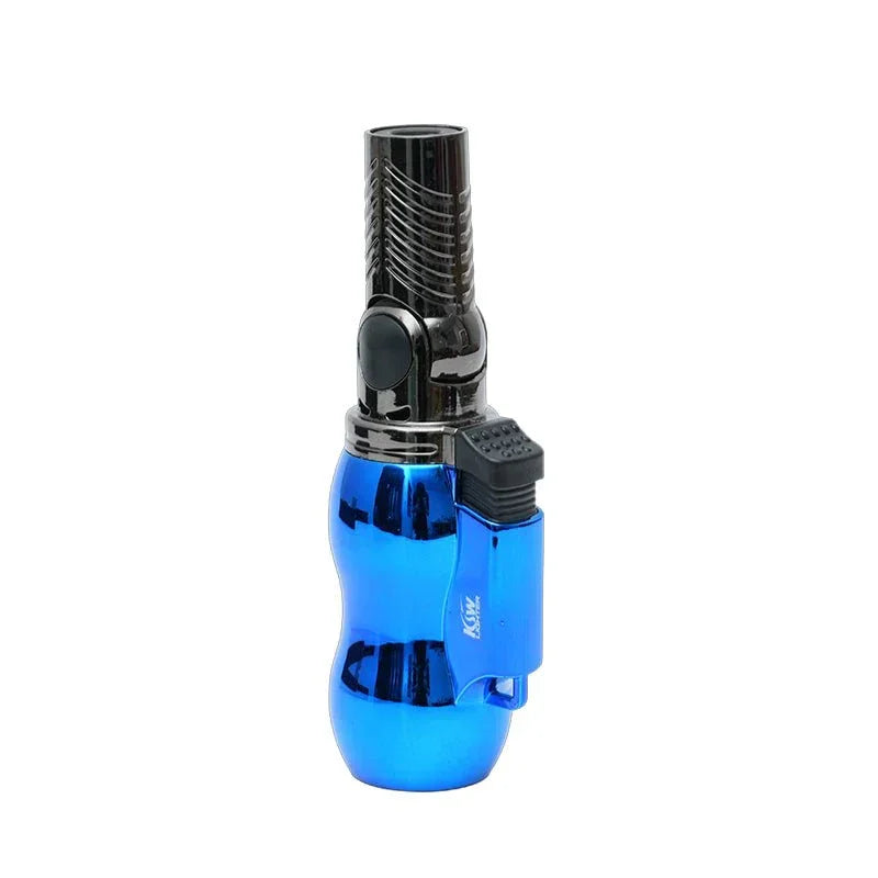 blue and black jet torch lighter with ergonomic grip and ignition button isolated on white